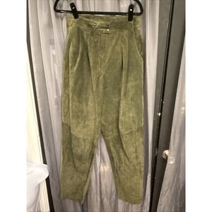 Vintage PARIS NEW YORK Olive Green Suede Leather Pants Pleated High Waist L